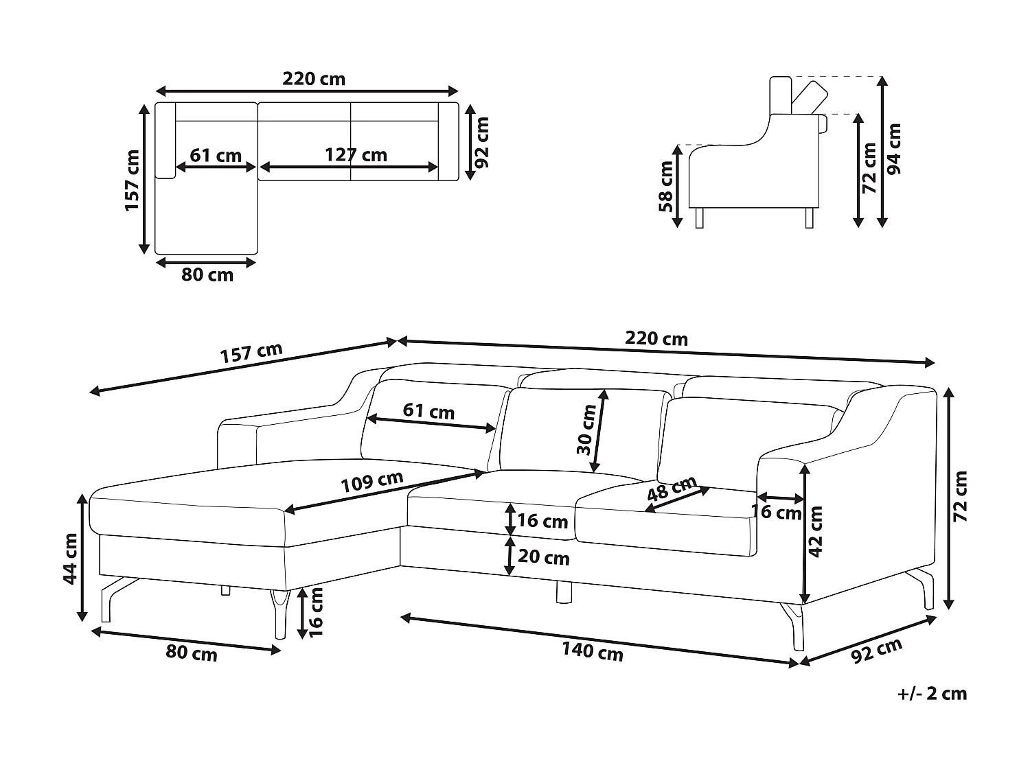 4-Sitzer Sofa L-Form Chenille Stoff blau mit Chaiselongue rechts 3 Kissen Glosli