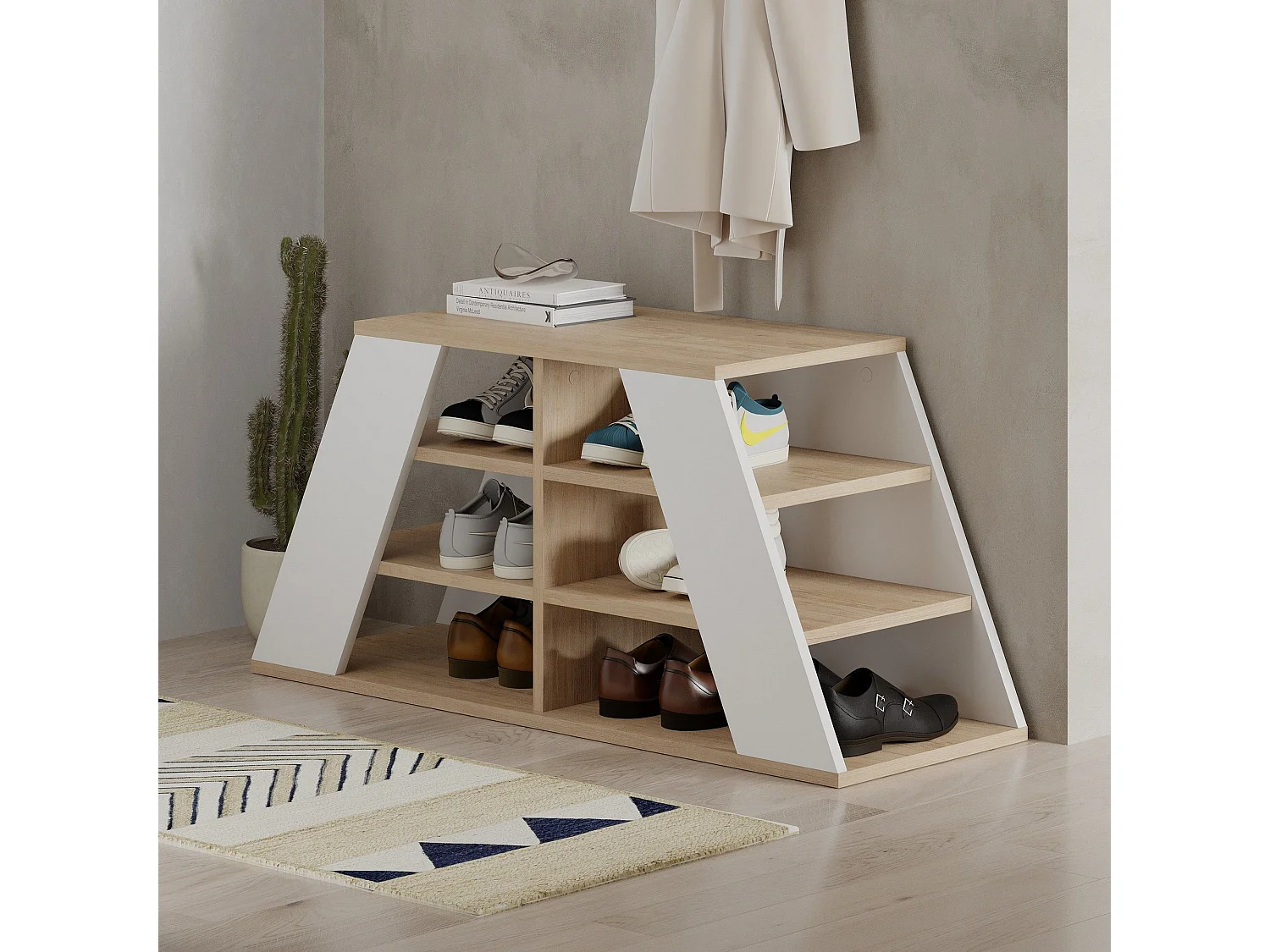 Zapatero Kailua 2157, Blanco|Roble, 106x50x38cm, Aglomerado laminado