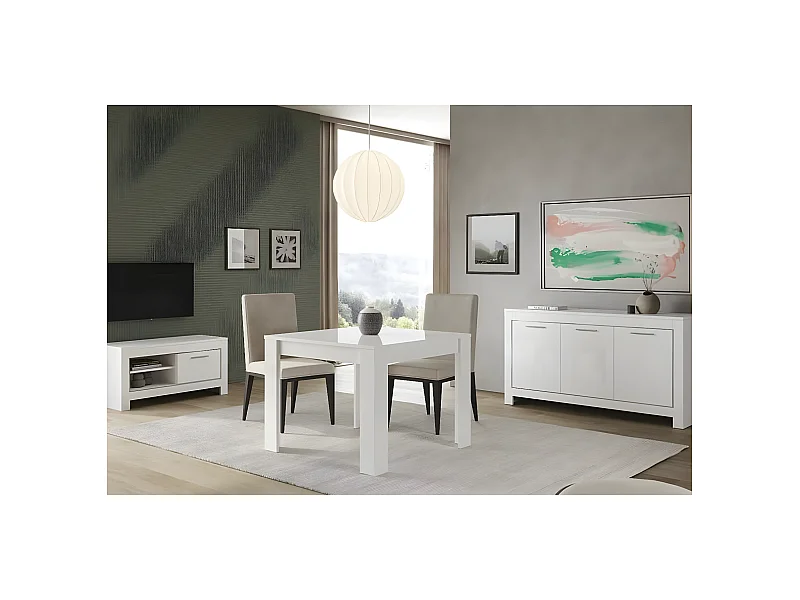 DENAE - Ensemble Salon Séjour Laqué Blanc Brillant Meuble TV + Buffet 3 Portes + Table 100cm