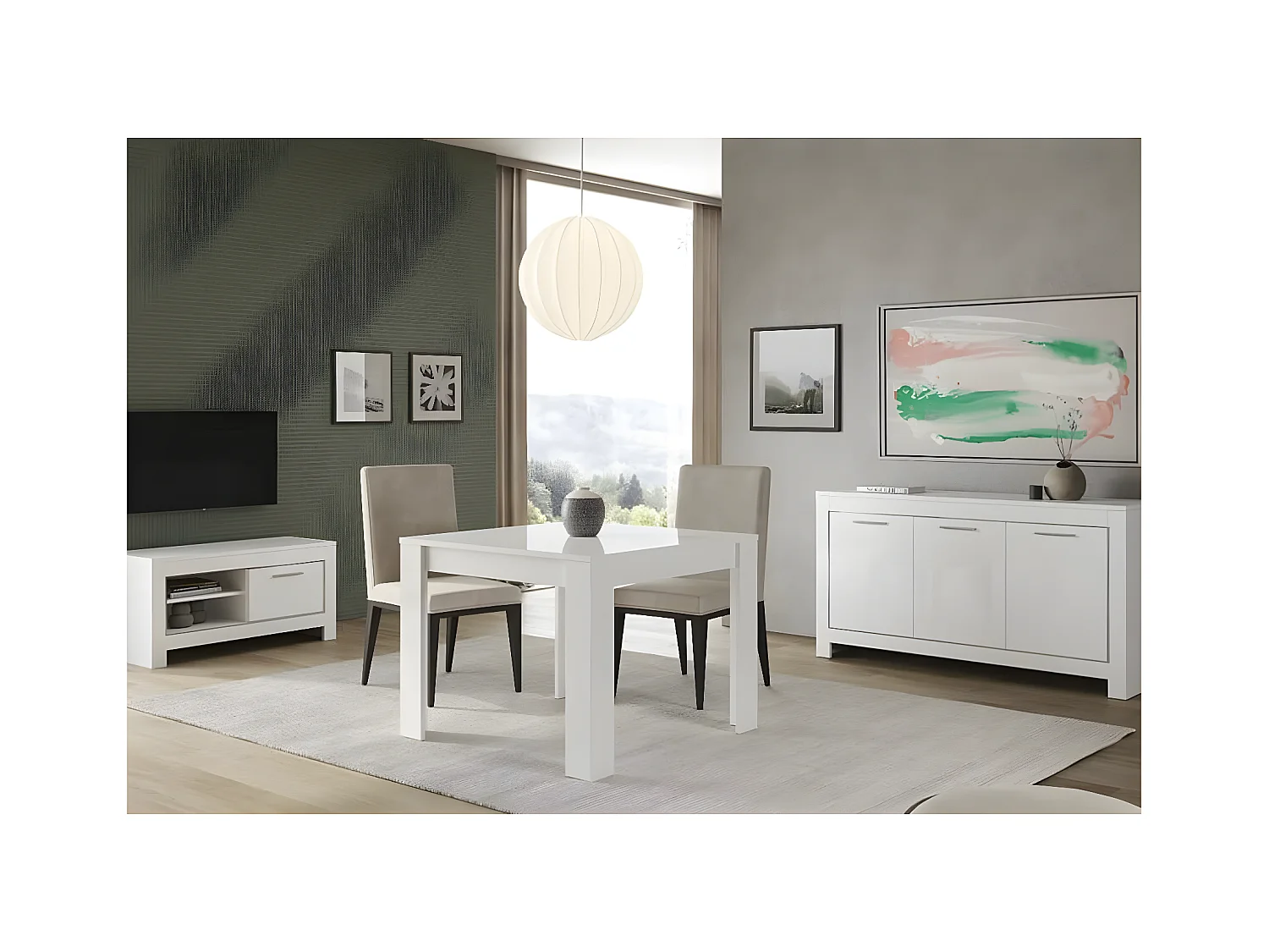 DENAE - Ensemble Salon Séjour Laqué Blanc Brillant Meuble TV + Buffet 3 Portes + Table 100cm