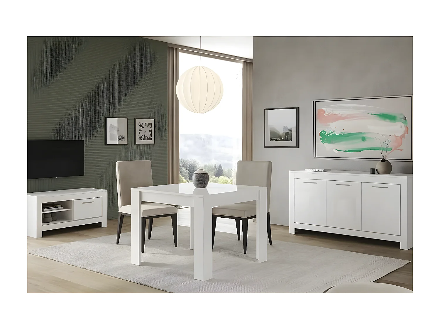 DENAE - Ensemble Salon Séjour Laqué Blanc Brillant Meuble TV + Buffet 3 Portes + Table 100cm