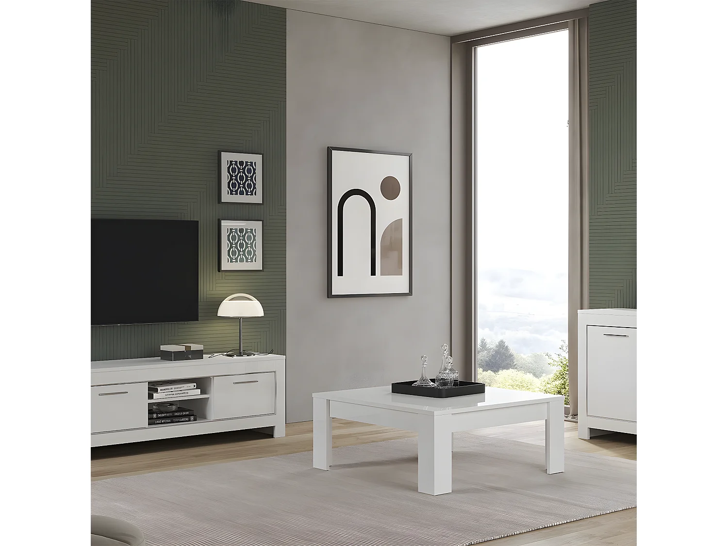 DENAE - Ensemble Salon Séjour Laqué Blanc Brillant Meuble TV + Buffet 3 Portes + Table 100cm