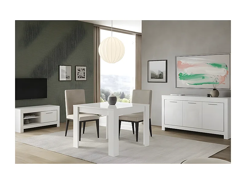DENAE - Ensemble Salon Séjour Laqué Blanc Brillant Meuble TV + Buffet 3 Portes + Table 100cm