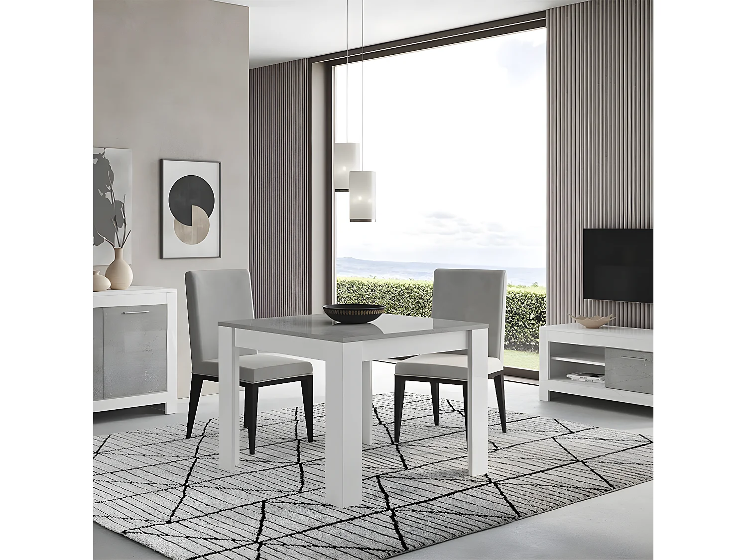 DENAE - Ensemble Salon Séjour Blanc et Gris Marbré Meuble TV + Buffet 3 Portes + Table 100cm