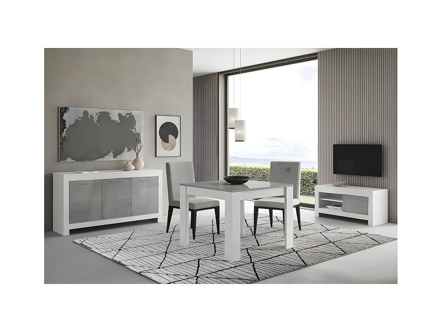 DENAE - Ensemble Salon Séjour Blanc et Gris Marbré Meuble TV + Buffet 3 Portes + Table 100cm