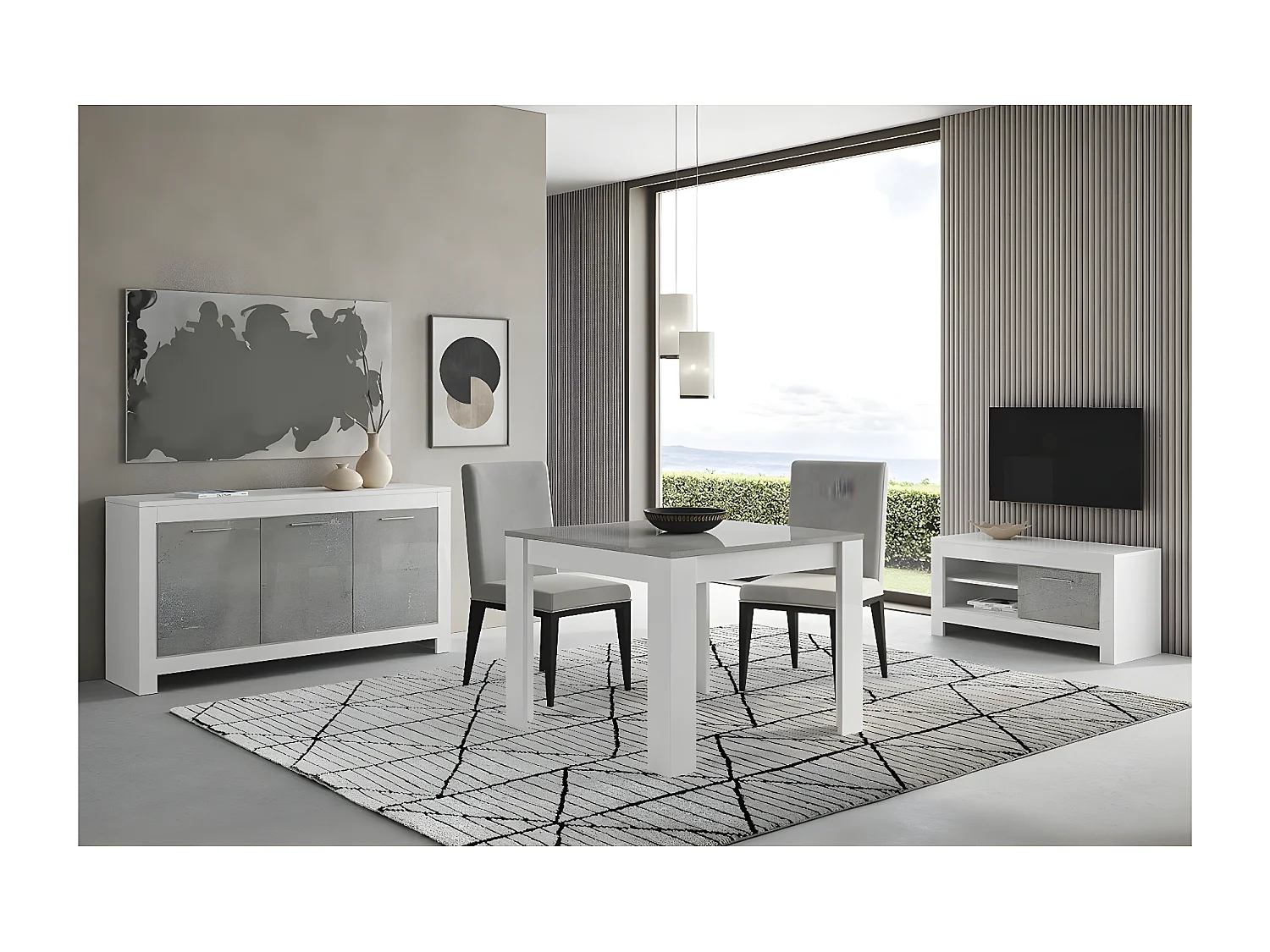 DENAE - Ensemble Salon Séjour Blanc et Gris Marbré Meuble TV + Buffet 3 Portes + Table 100cm