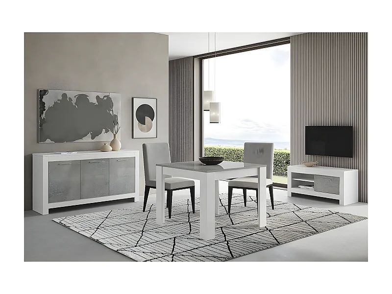 DENAE - Ensemble Salon Séjour Blanc et Gris Marbré Meuble TV + Buffet 3 Portes + Table 100cm