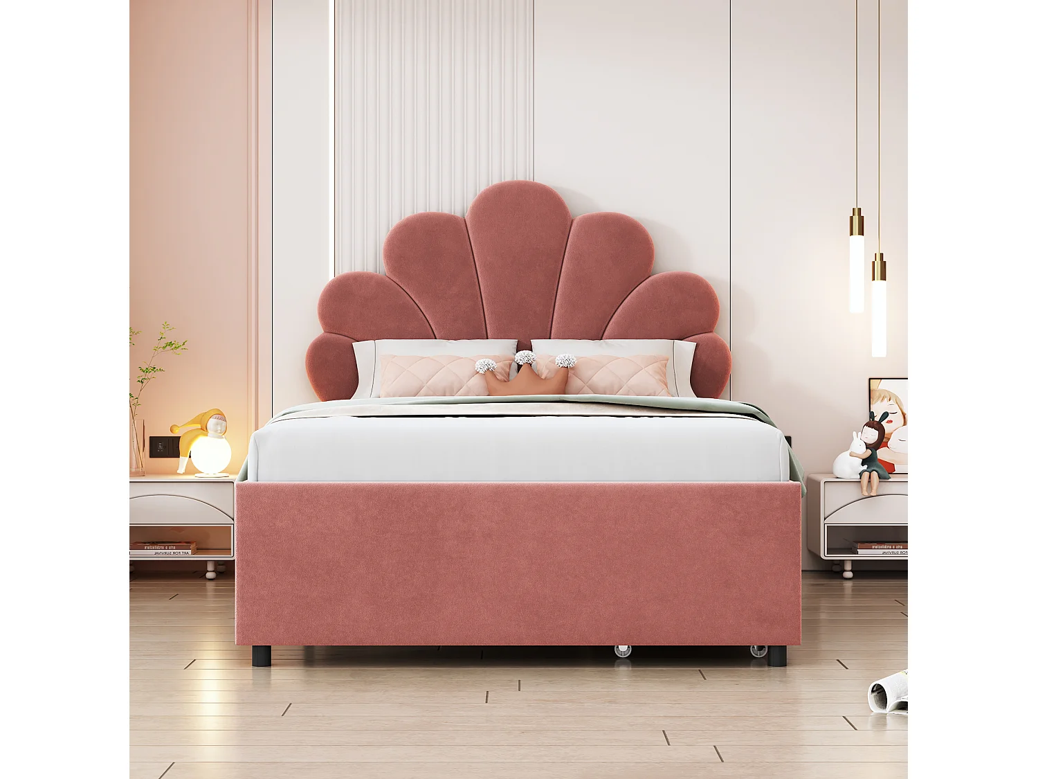 Fluweel gestoffeerd eenpersoonsbed met 2 lades - 90x200cm - bloemvormig hoofdeinde - met lattenbodem - Rood