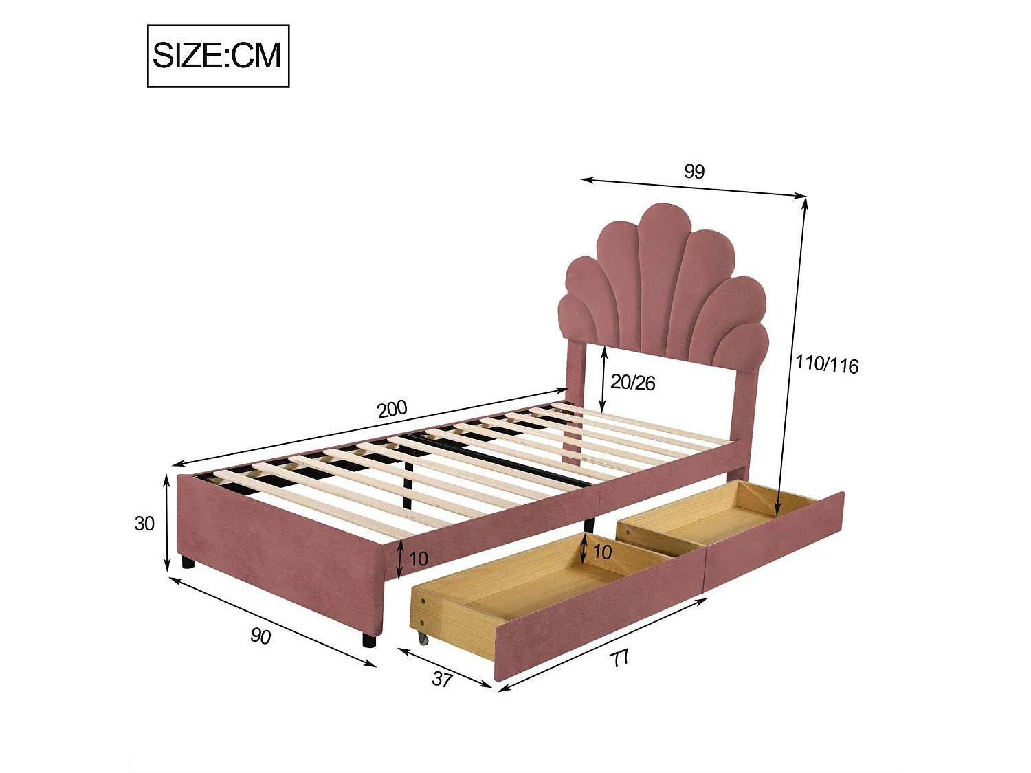 Fluweel gestoffeerd eenpersoonsbed met 2 lades - 90x200cm - bloemvormig hoofdeinde - met lattenbodem - Rood