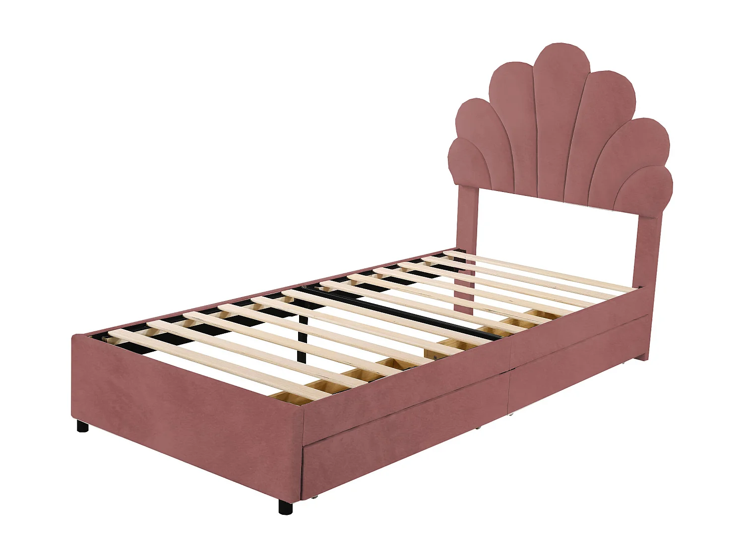 Samtgepolstertes Einzelbett mit 2 Schubladen – 90 x 200 cm – blumenförmiges Kopfteil – mit Lattenrost – Rot