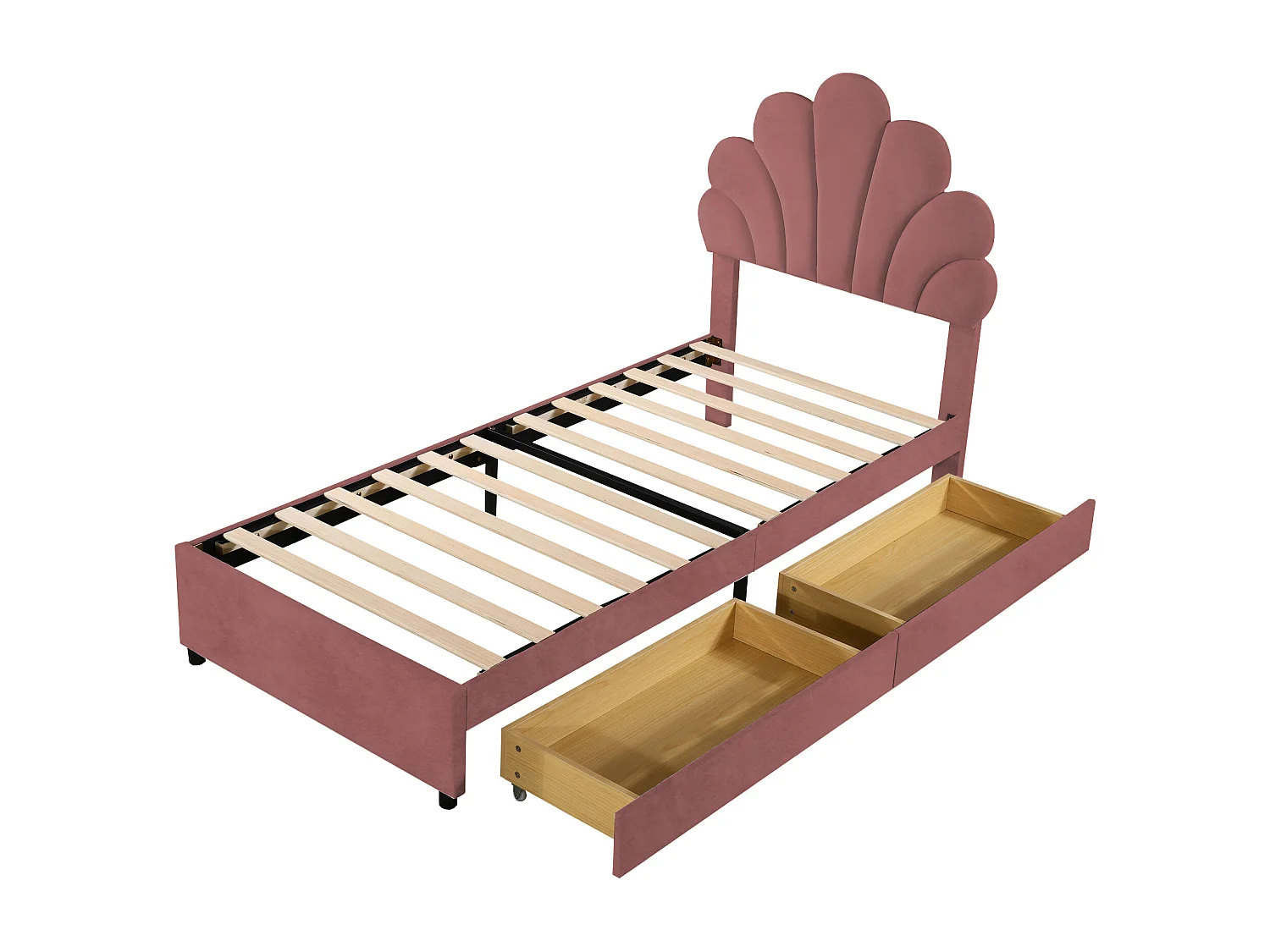 Samtgepolstertes Einzelbett mit 2 Schubladen – 90 x 200 cm – blumenförmiges Kopfteil – mit Lattenrost – Rot