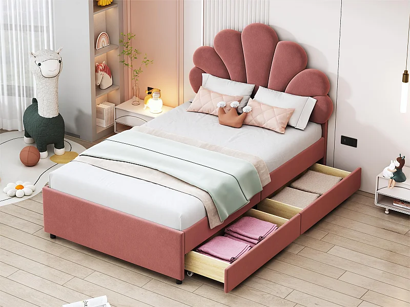 Samtgepolstertes Einzelbett mit 2 Schubladen – 90 x 200 cm – blumenförmiges Kopfteil – mit Lattenrost – Rot