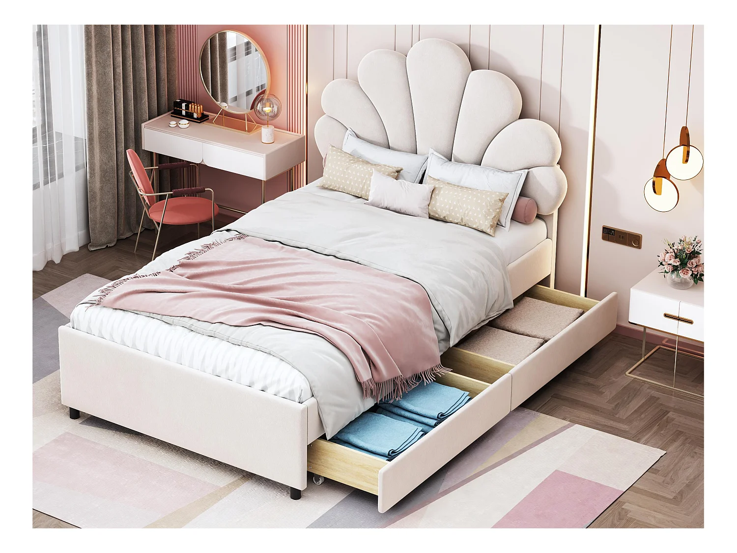 Lit simple rembourré en velours avec 2 tiroirs - 90x200cm - tête de lit en forme de fleur - avec sommier à lattes - Beige