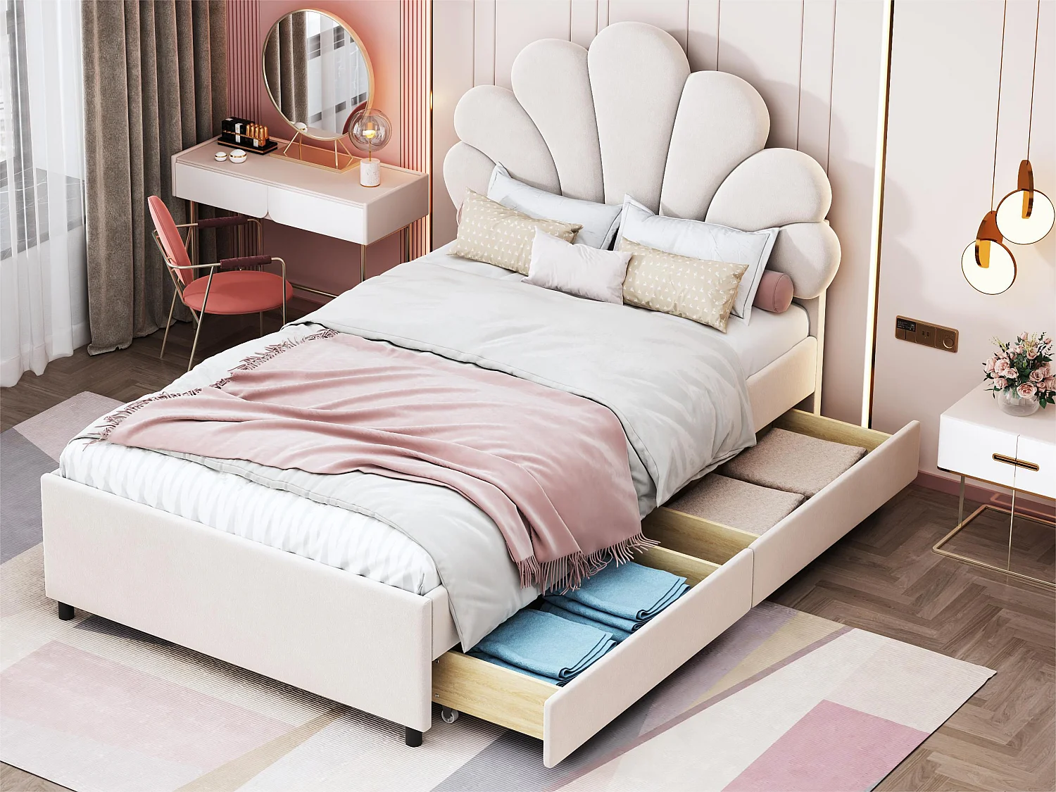 Cama de solteiro estofada em veludo com 2 gavetas - 90x200cm - cabeceira em formato de flor - com base de ripas - Bege