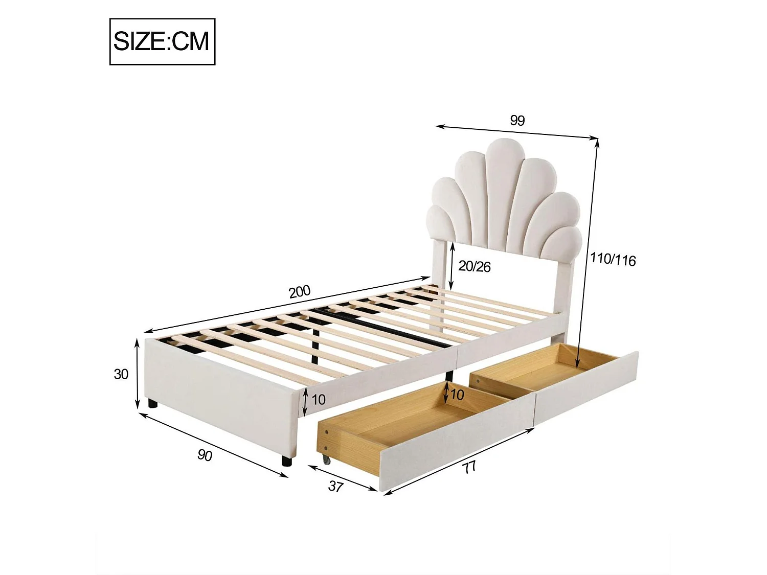 Cama de solteiro estofada em veludo com 2 gavetas - 90x200cm - cabeceira em formato de flor - com base de ripas - Bege