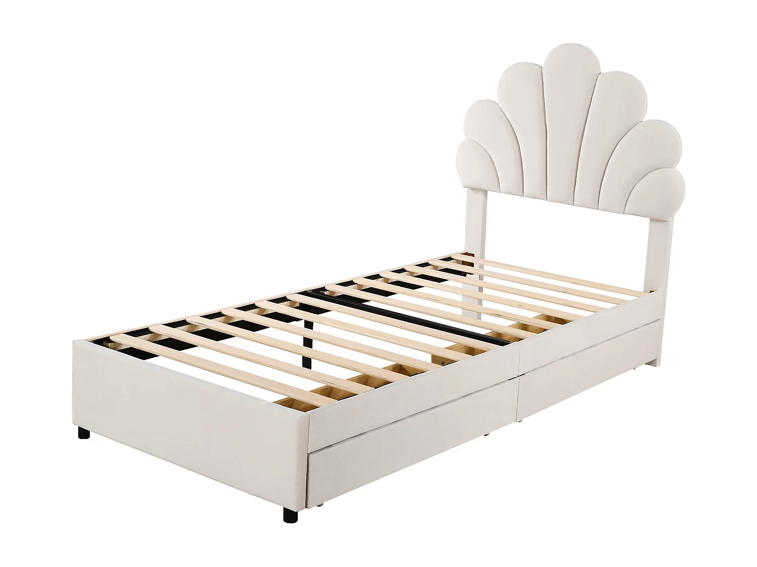 Cama de solteiro estofada em veludo com 2 gavetas - 90x200cm - cabeceira em formato de flor - com base de ripas - Bege