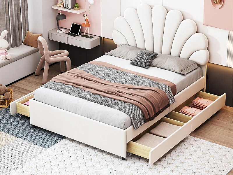 Lit double rembourré en velours avec 4 tiroirs - 140x200cm - tête de lit en forme de fleur - avec sommier à lattes - Beige