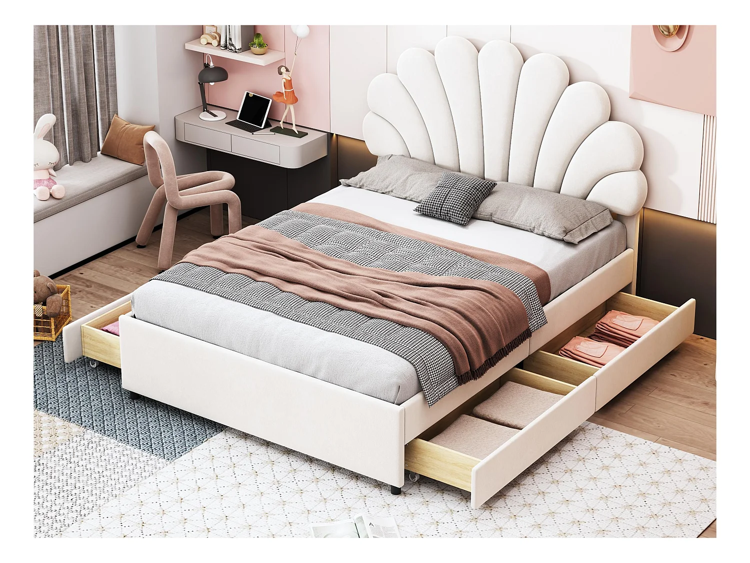 Lit double rembourré en velours avec 4 tiroirs - 140x200cm - tête de lit en forme de fleur - avec sommier à lattes - Beige