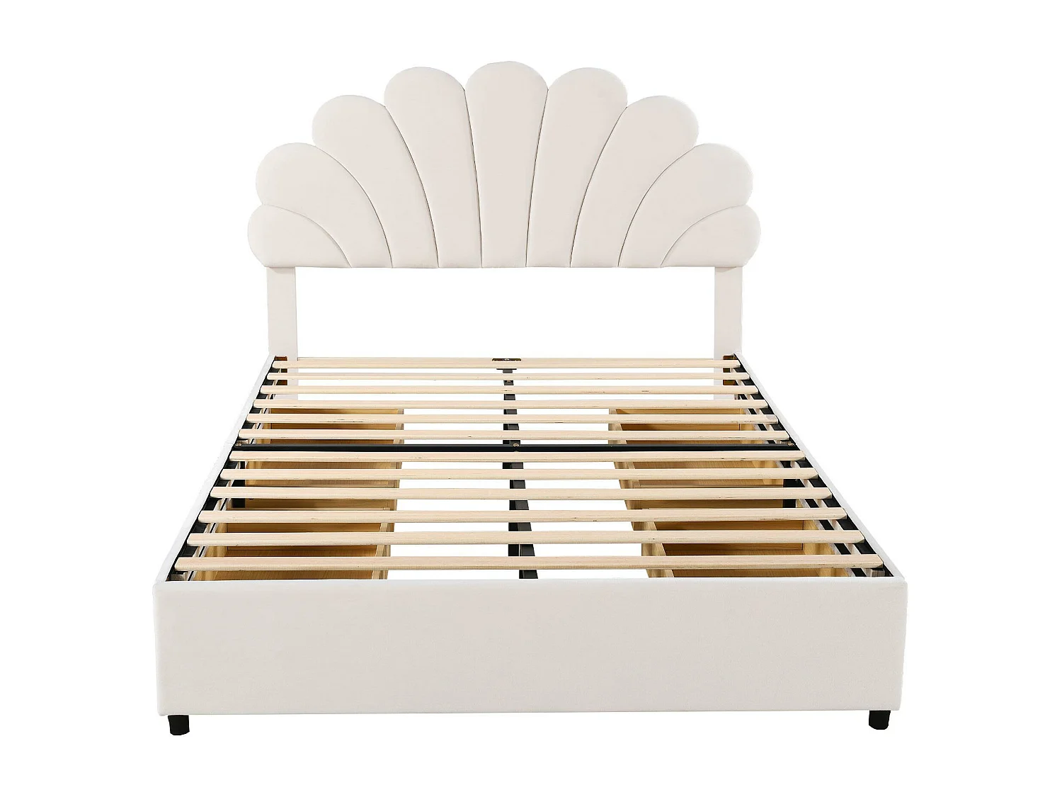 Fluweel gestoffeerd tweepersoonsbed met 4 lades - 140x200cm - bloemvormig hoofdeinde - met lattenbodem - Beige