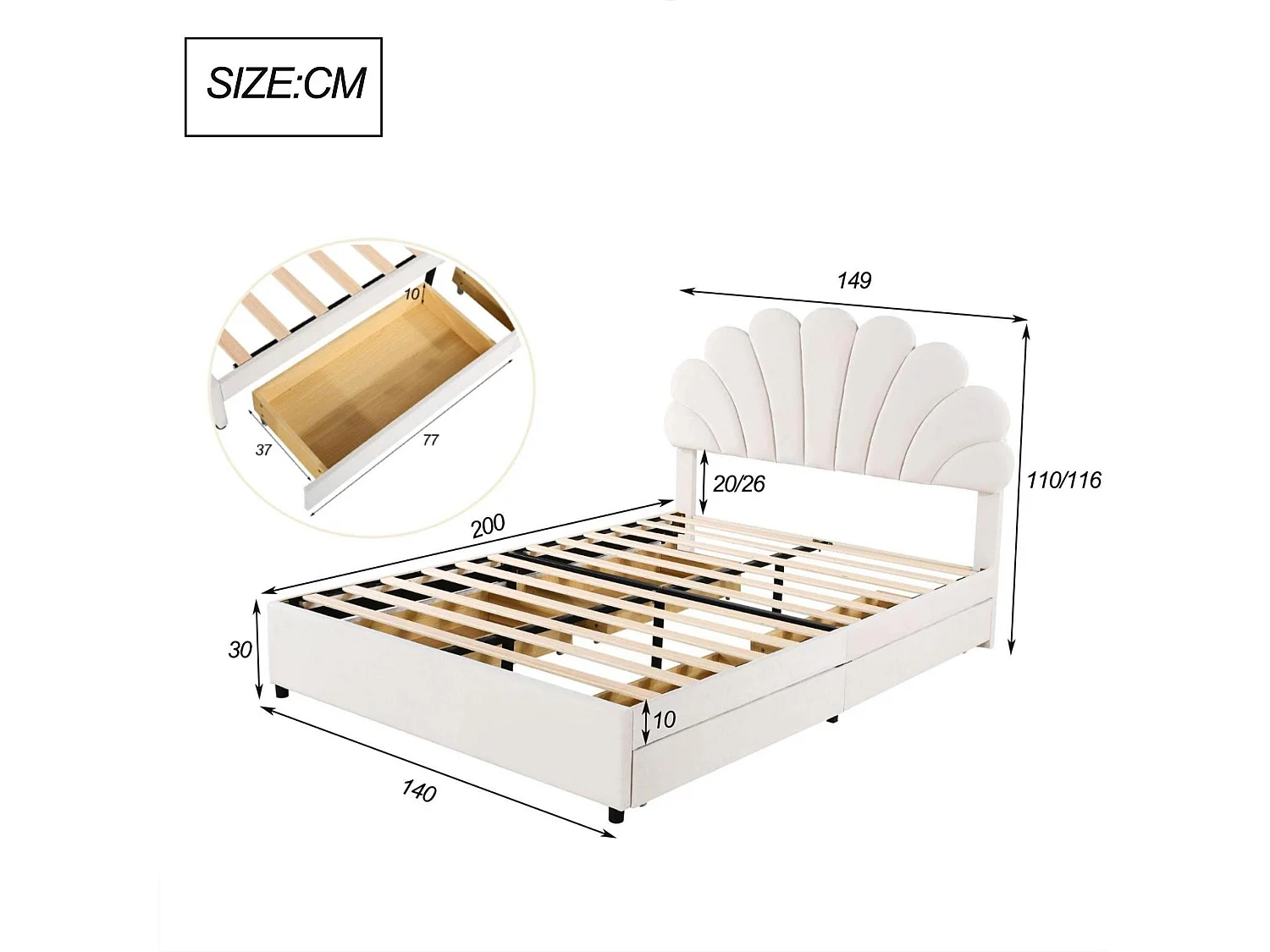 Fluweel gestoffeerd tweepersoonsbed met 4 lades - 140x200cm - bloemvormig hoofdeinde - met lattenbodem - Beige