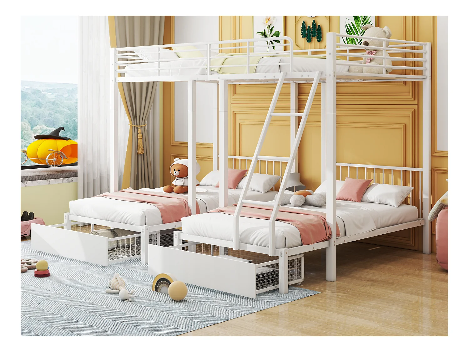 Etagenbett für 3 Kinder mit 2 Schubladen – 140 x 200 cm und 2 x 90 x 200 cm – Matratzenrahmen – Weiß (Matratze nicht im Lieferumfang enthalten)