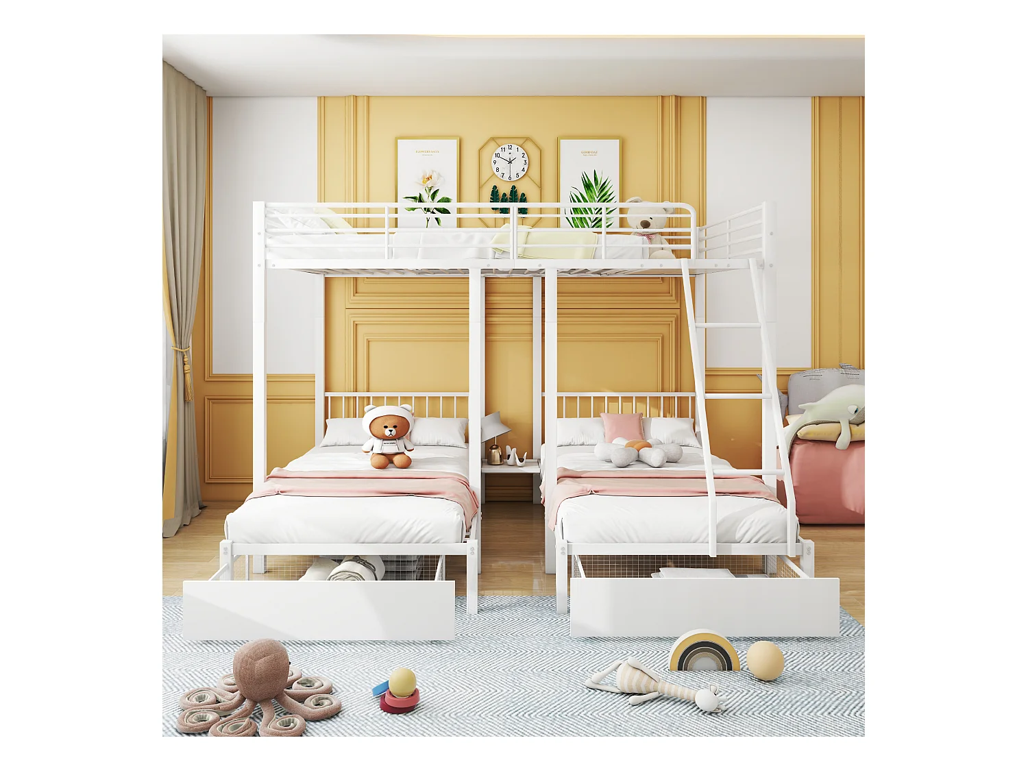 Etagenbett für 3 Kinder mit 2 Schubladen – 140 x 200 cm und 2 x 90 x 200 cm – Matratzenrahmen – Weiß (Matratze nicht im Lieferumfang enthalten)