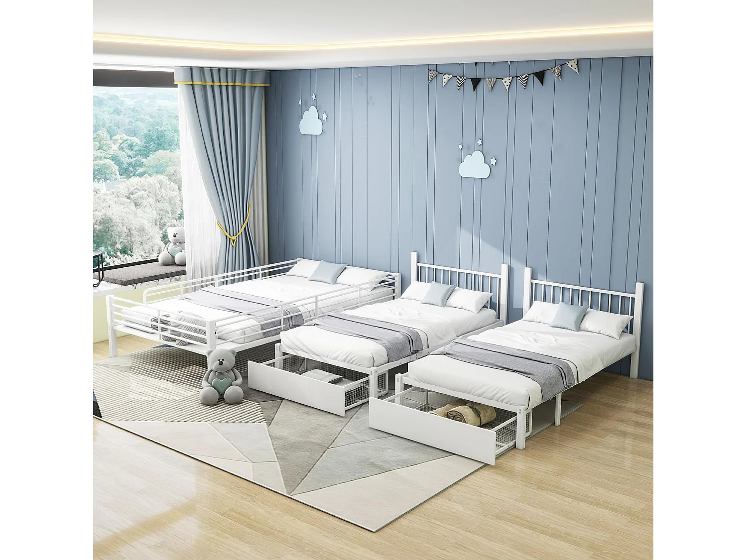 Etagenbett für 3 Kinder mit 2 Schubladen – 140 x 200 cm und 2 x 90 x 200 cm – Matratzenrahmen – Weiß (Matratze nicht im Lieferumfang enthalten)