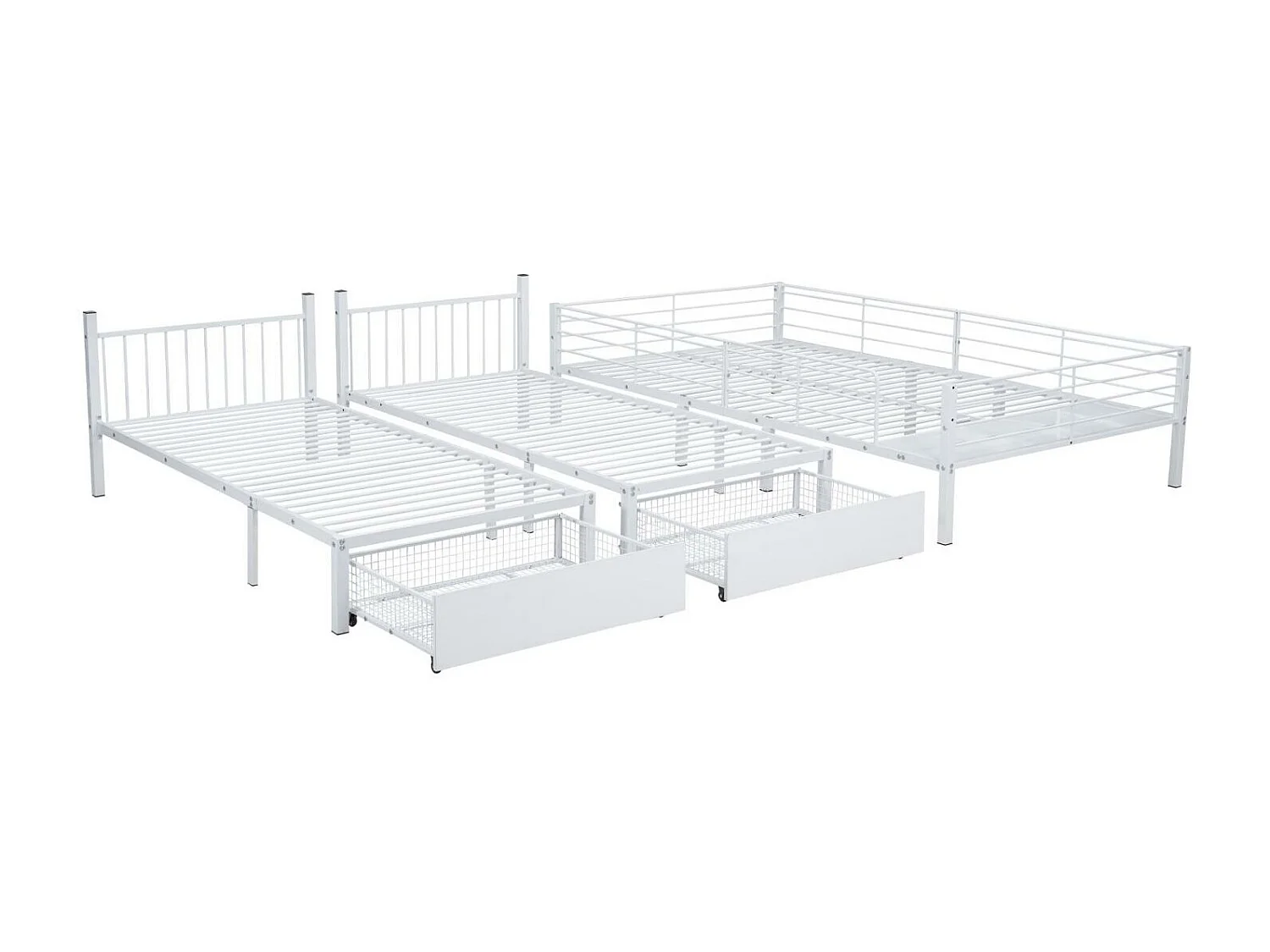 Etagenbett für 3 Kinder mit 2 Schubladen – 140 x 200 cm und 2 x 90 x 200 cm – Matratzenrahmen – Weiß (Matratze nicht im Lieferumfang enthalten)