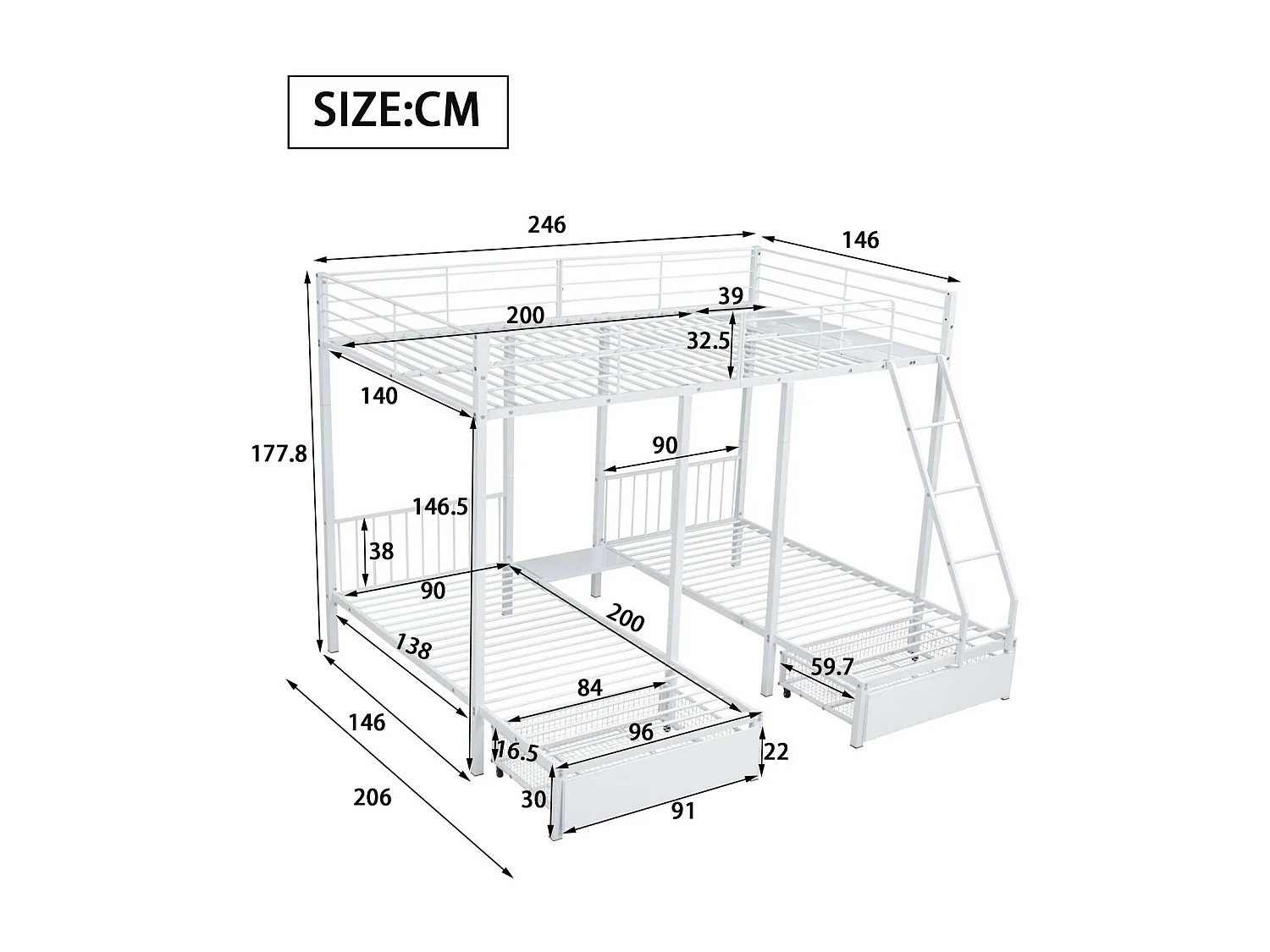 Letto a castello per 3 bambini con 2 cassetti - 140x200 cm e 2x90x200 cm - struttura del materasso - Bianco (materasso non incluso)