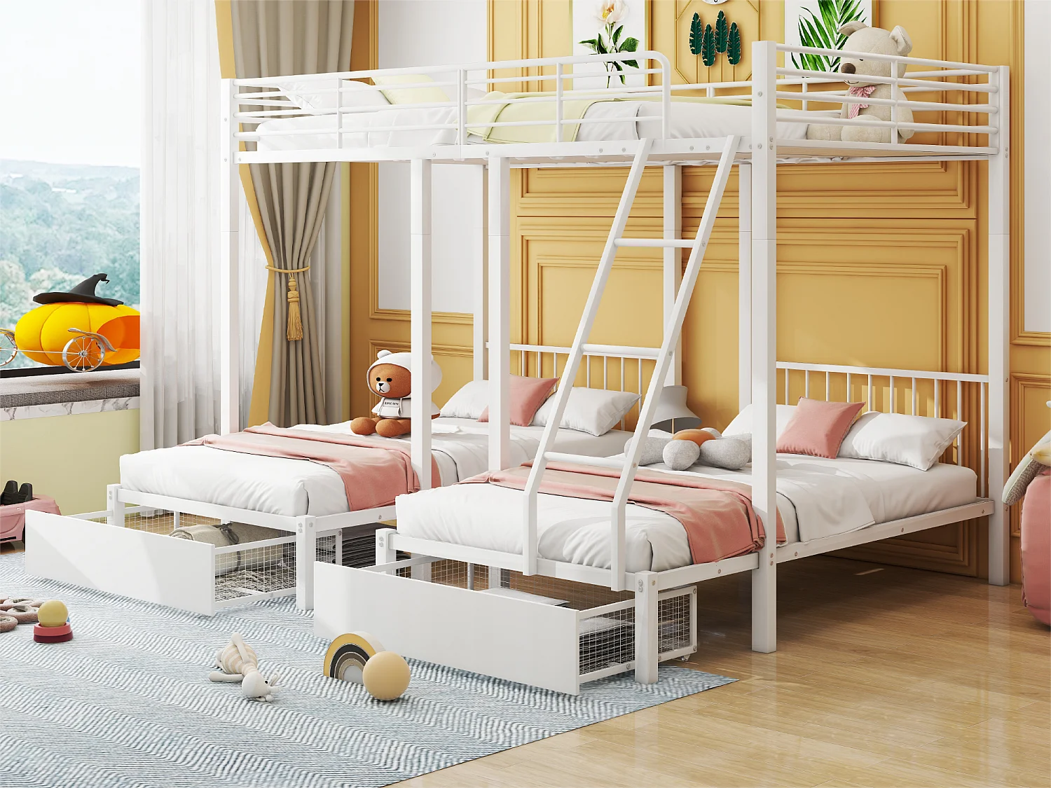 Letto a castello per 3 bambini con 2 cassetti - 140x200 cm e 2x90x200 cm - struttura del materasso - Bianco (materasso non incluso)