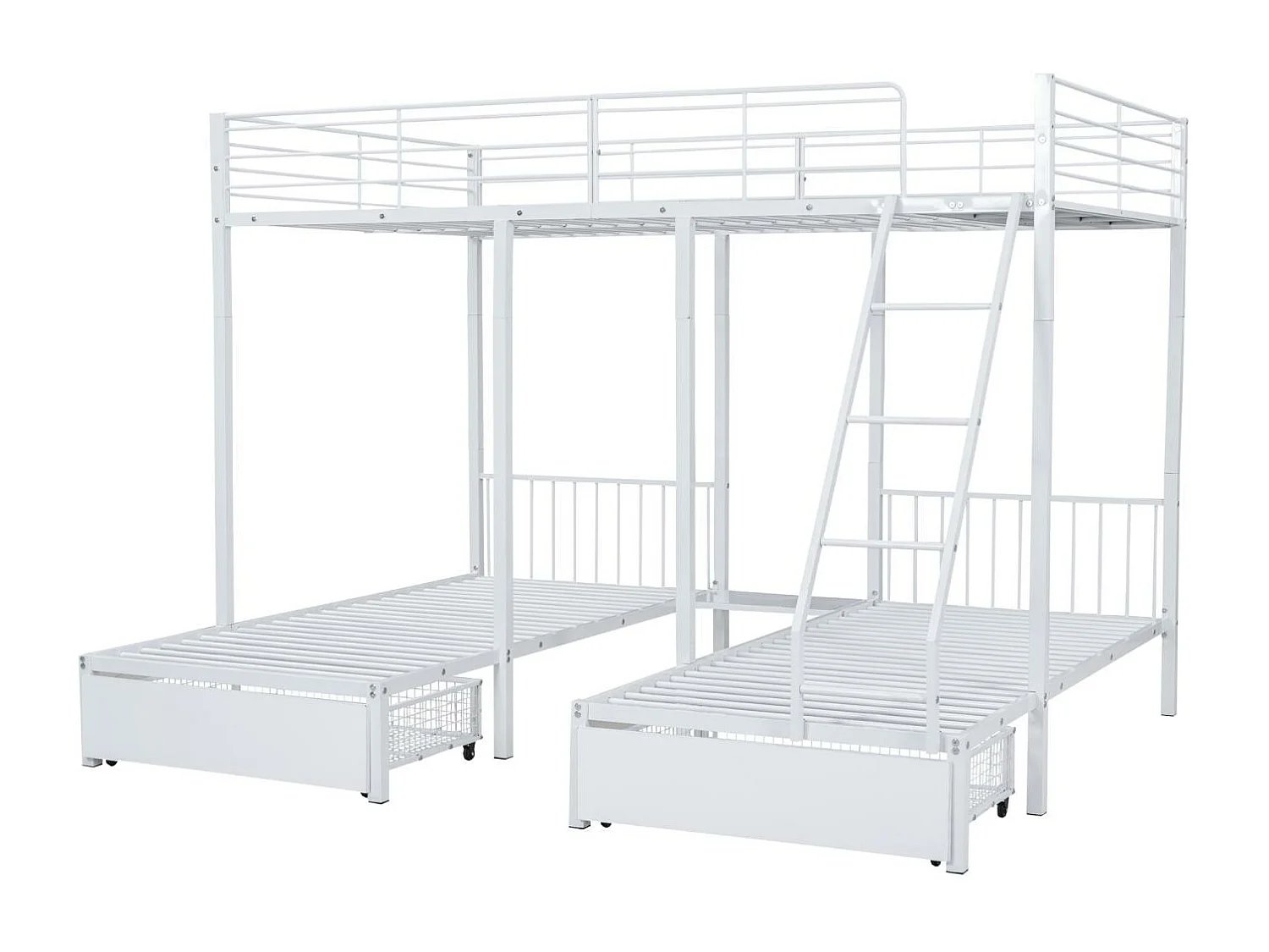 Letto a castello per 3 bambini con 2 cassetti - 140x200 cm e 2x90x200 cm - struttura del materasso - Bianco (materasso non incluso)