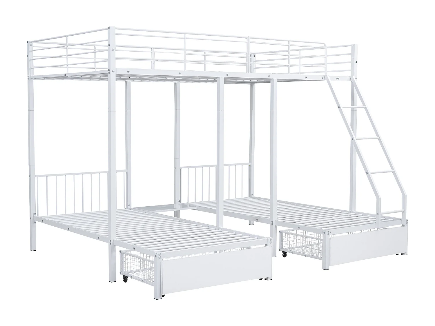 Lit superposé pour 3 enfants avec 2 tiroirs - 140x200cm et 2x90x200cm - cadre en matelas - Blanc (matelas non inclus)