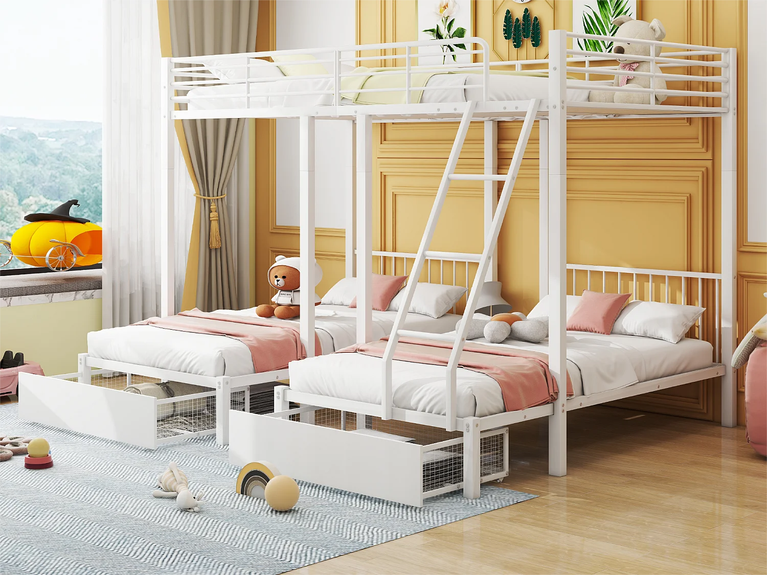 Etagenbett für 3 Kinder mit 2 Schubladen – 140 x 200 cm und 2 x 90 x 200 cm – Matratzenrahmen – Weiß (Matratze nicht im Lieferumfang enthalten)