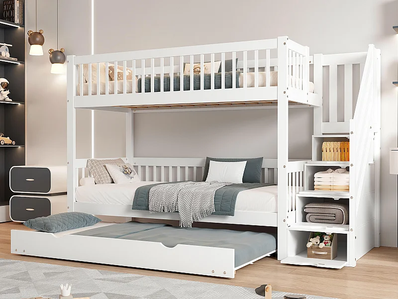 Stapelbed 90x200 cm met onderschuifbed 90x190 cm - grenenhout - met opbergladder en leuning - Wit