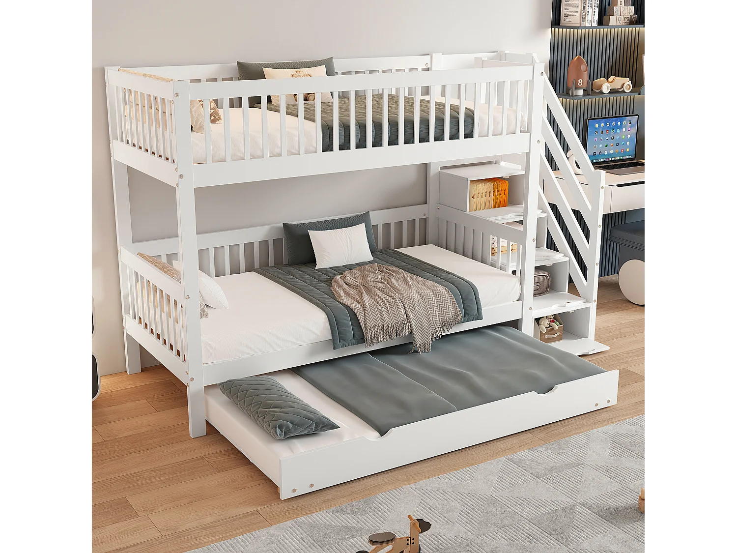 Litera 90x200 cm con cama nido 90x190 cm - madera de pino - con escalera almacenaje y barandilla - Blanco