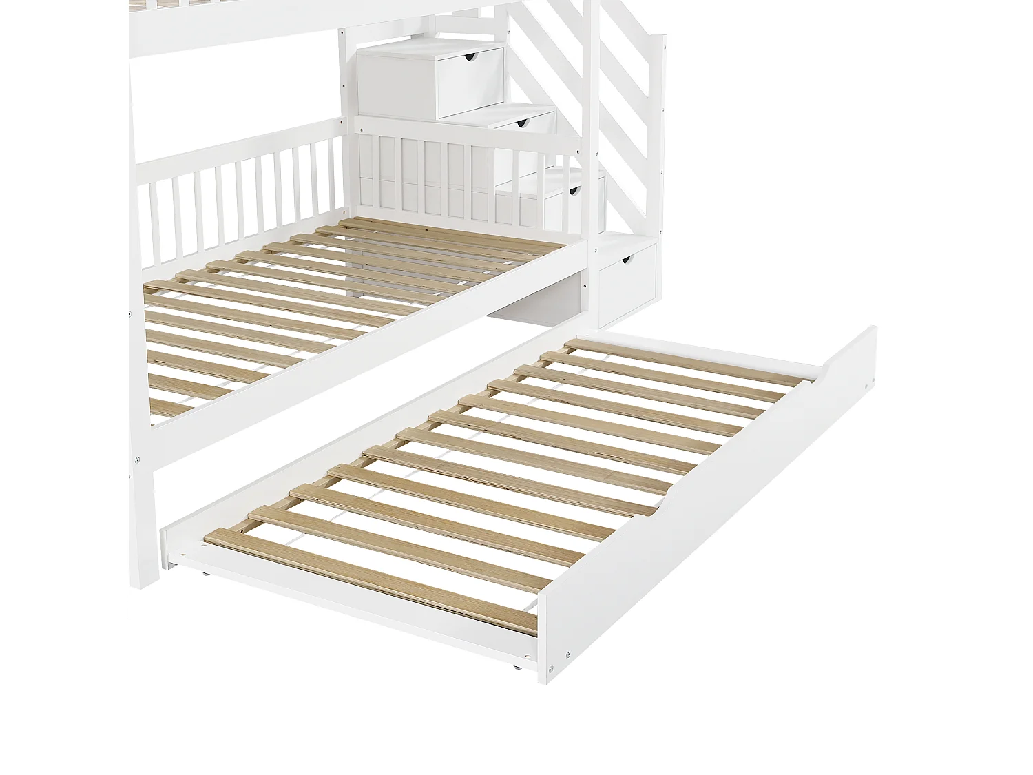 Litera 90x200 cm con cama nido 90x190 cm - madera de pino - con escalera almacenaje y barandilla - Blanco