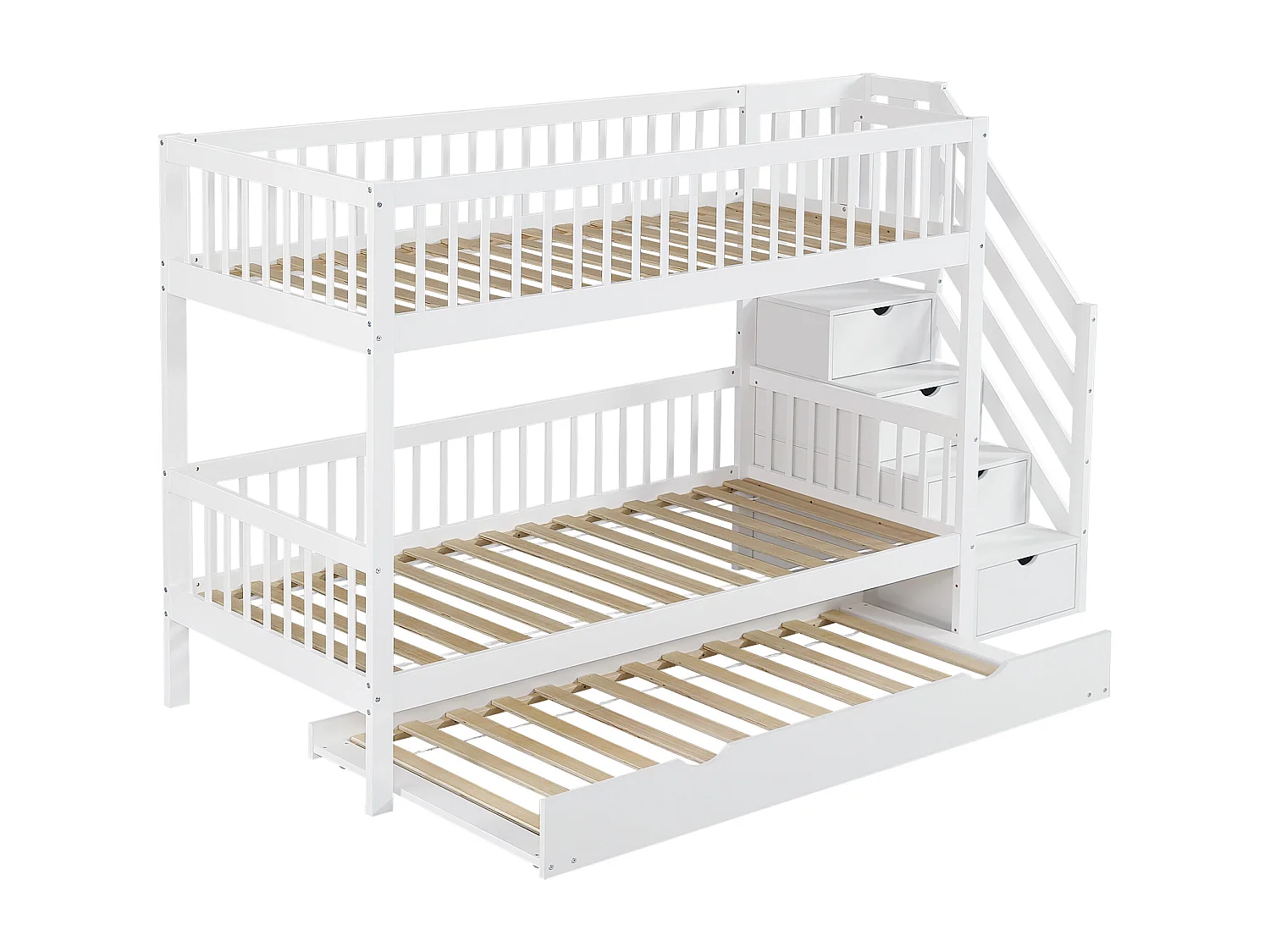 Litera 90x200 cm con cama nido 90x190 cm - madera de pino - con escalera almacenaje y barandilla - Blanco