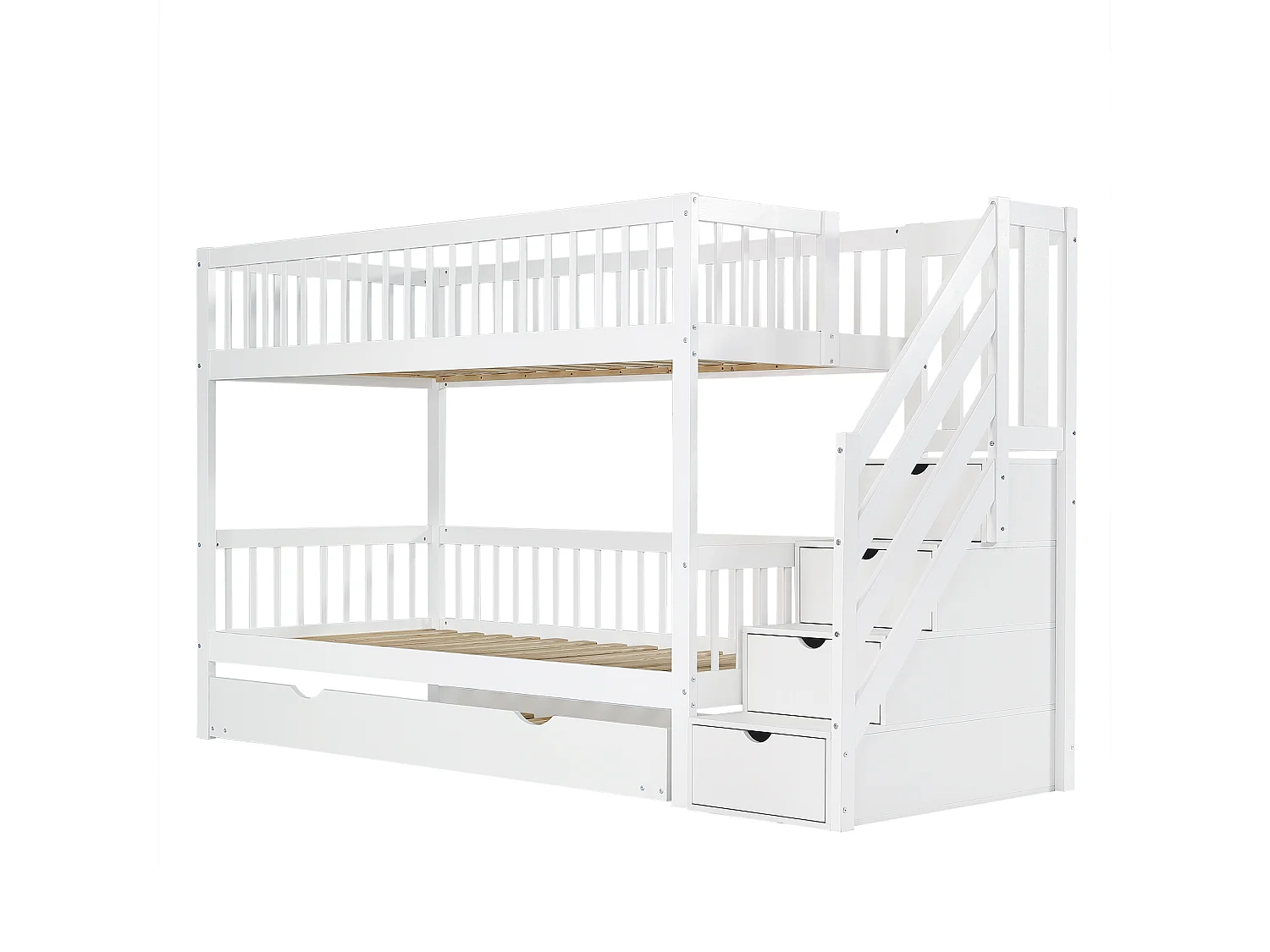 Litera 90x200 cm con cama nido 90x190 cm - madera de pino - con escalera almacenaje y barandilla - Blanco