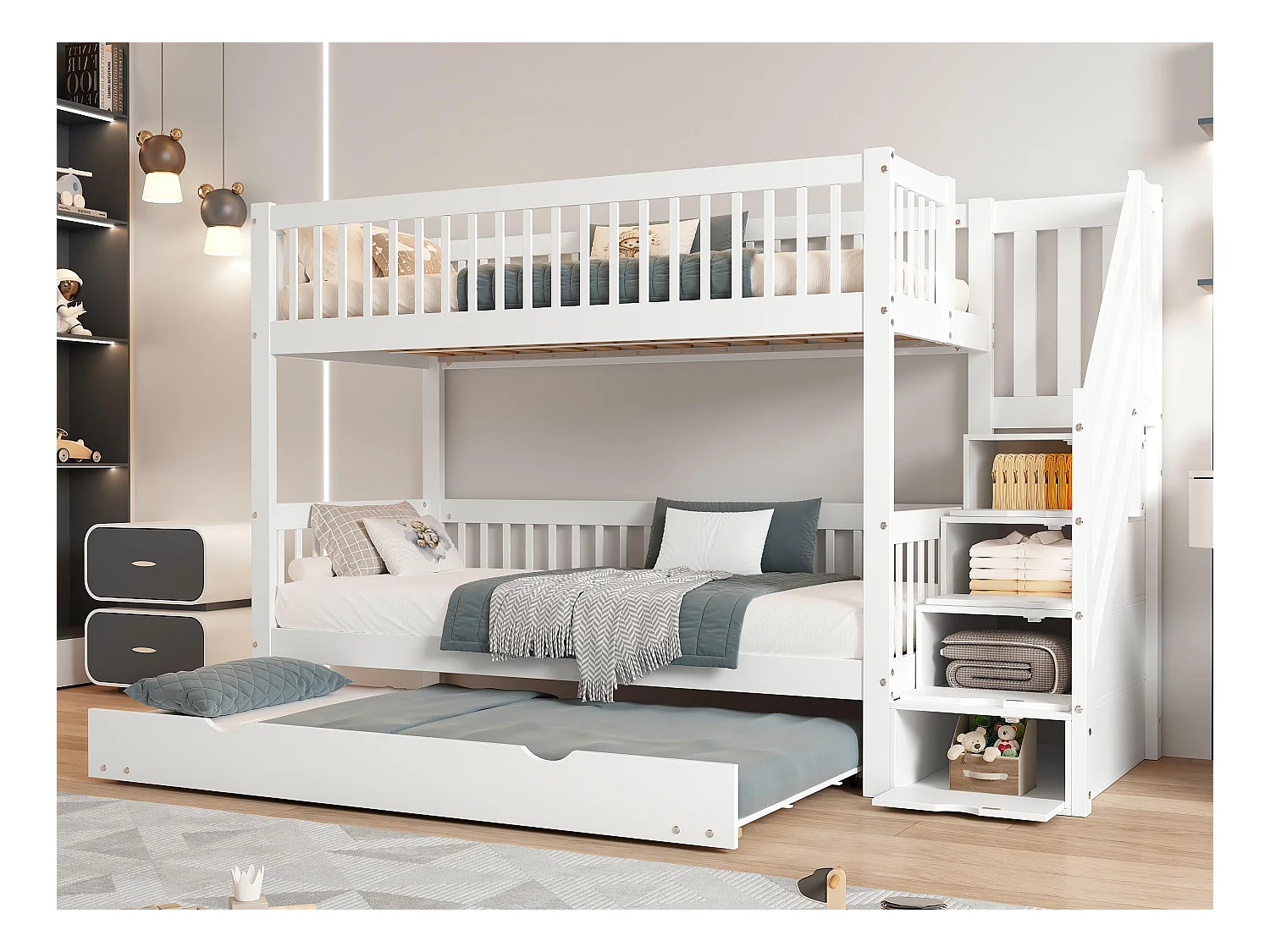 Lit superposé 90x200 cm avec lit gigogne 90x190 cm - en bois de pin - avec échelle de rangement et garde-corps - Blanc