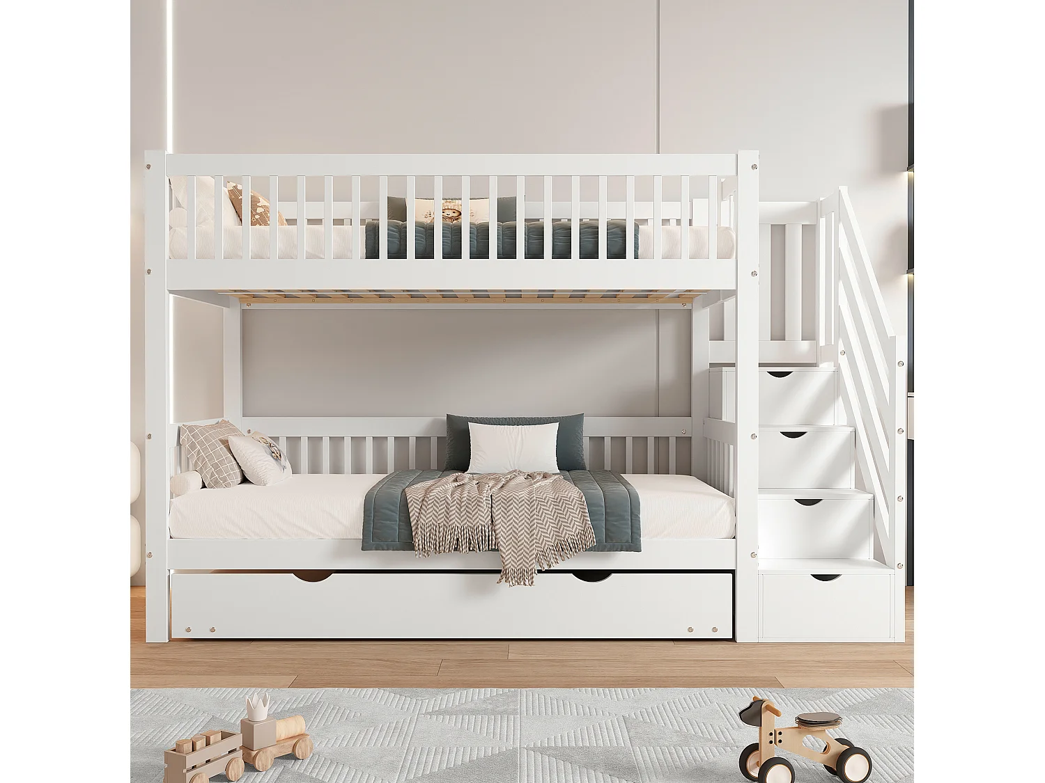 Beliche 90x200 cm com cama de gavetão 90x190 cm - madeira de pinho - com escada de arrumação e guarda-corpos - Branco