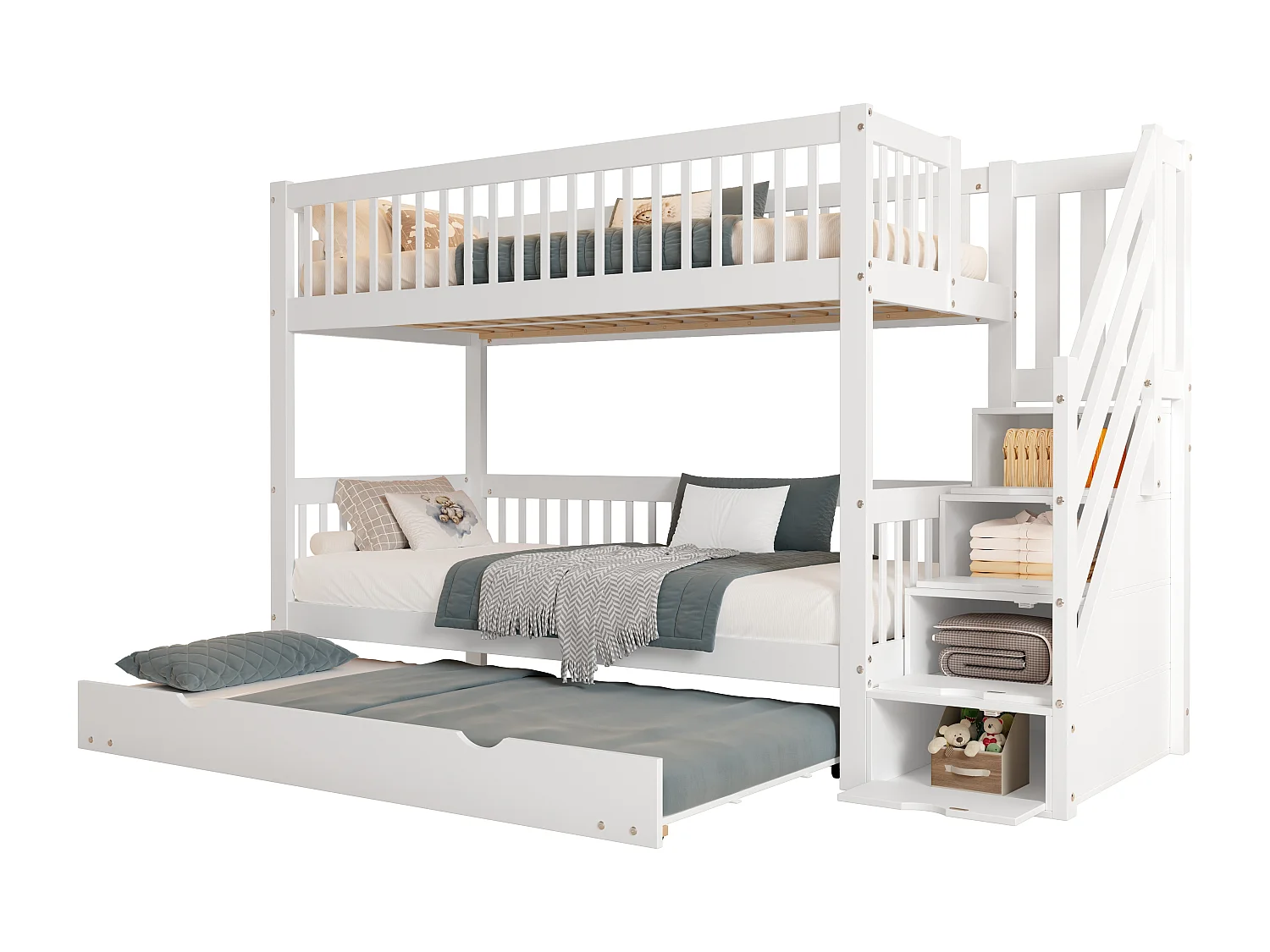 Beliche 90x200 cm com cama de gavetão 90x190 cm - madeira de pinho - com escada de arrumação e guarda-corpos - Branco