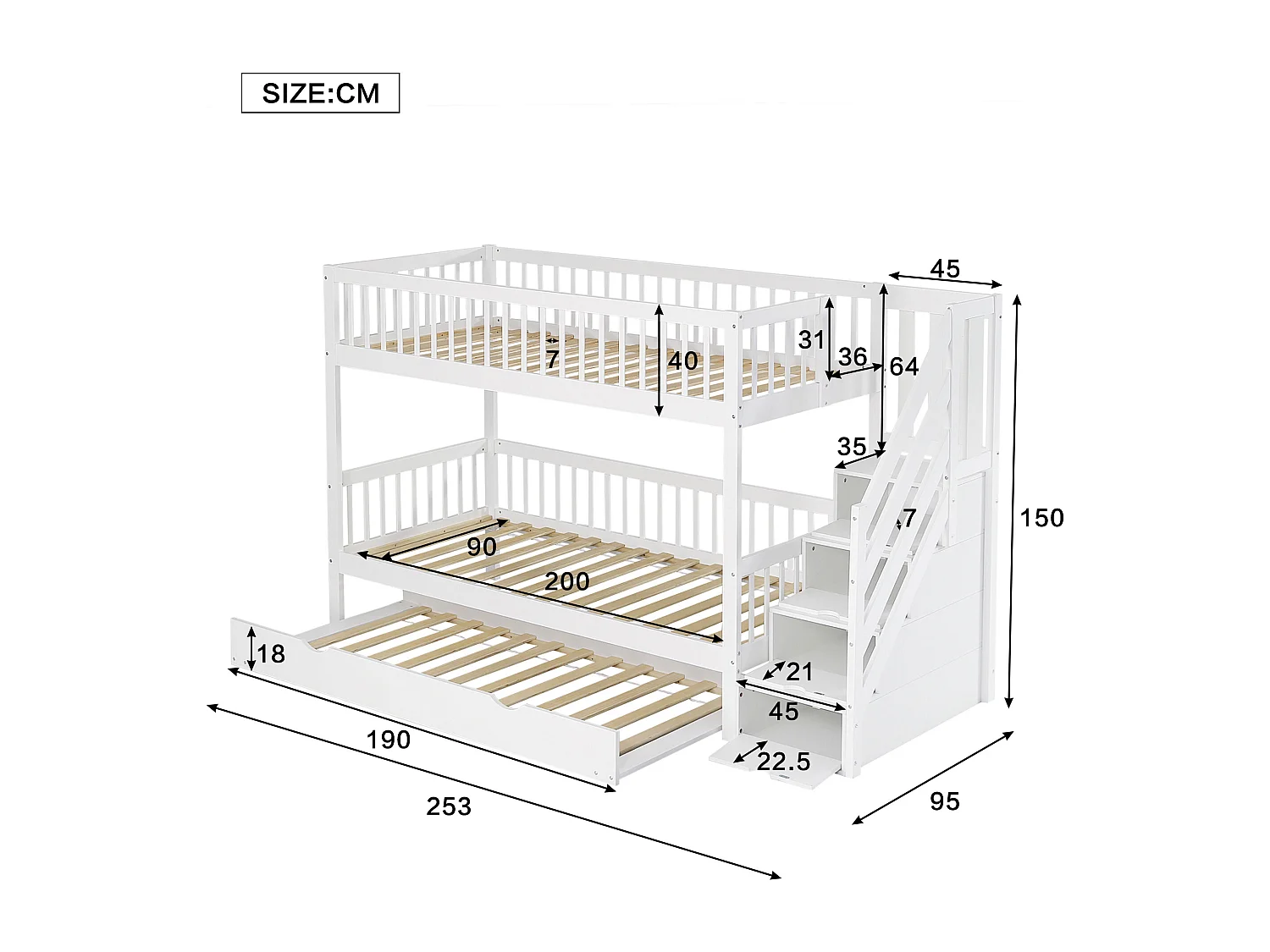 Letto a castello 90x200 cm con letto estraibile 90x190 cm - legno di pino - con scaletta portaoggetti e sponda - Bianco