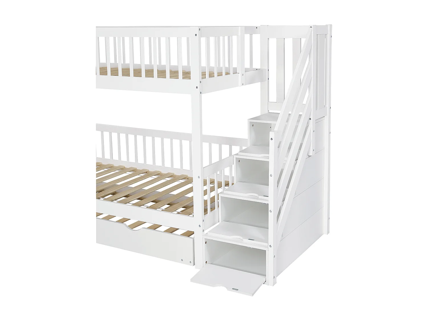 Letto a castello 90x200 cm con letto estraibile 90x190 cm - legno di pino - con scaletta portaoggetti e sponda - Bianco