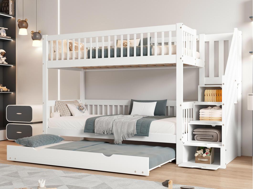 Litera 90x200 cm con cama nido 90x190 cm - madera de pino - con escalera almacenaje y barandilla - Blanco