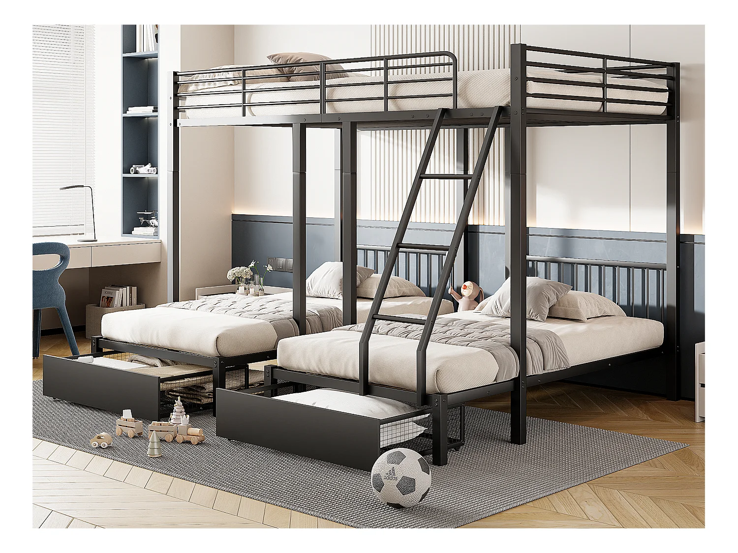 Łóżko piętrowe dla 3 dzieci z 2 szufladami - 140x200cm i 2x90x200cm - rama z materacem - Czarny (materac nie jest w zestawie)