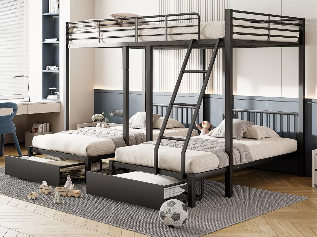 Kauf Unique Etagenbett für 3 Kinder mit 2 Schubladen – 140 x 200 cm und 2 x 90 x 200 cm – Matratzenrahmen – Schwarz (Matratze nicht im Lieferumfang enthalten)