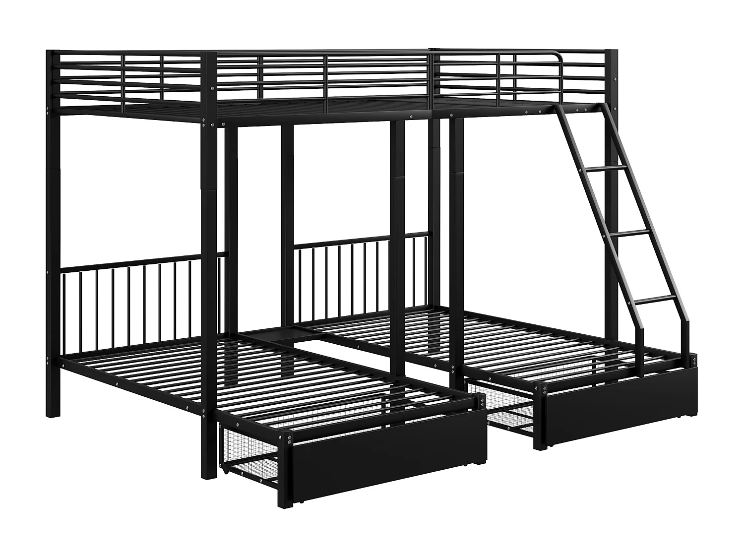Lit superposé pour 3 enfants avec 2 tiroirs - 140x200cm et 2x90x200cm - cadre en matelas - Noir (matelas non inclus)