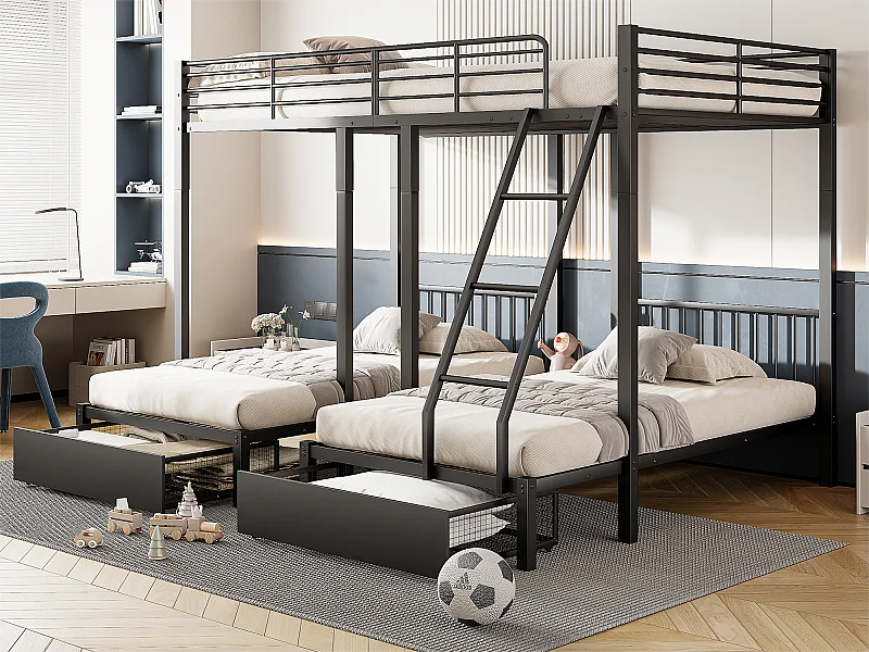 Lit superposé pour 3 enfants avec 2 tiroirs - 140x200cm et 2x90x200cm - cadre en matelas - Noir (matelas non inclus)