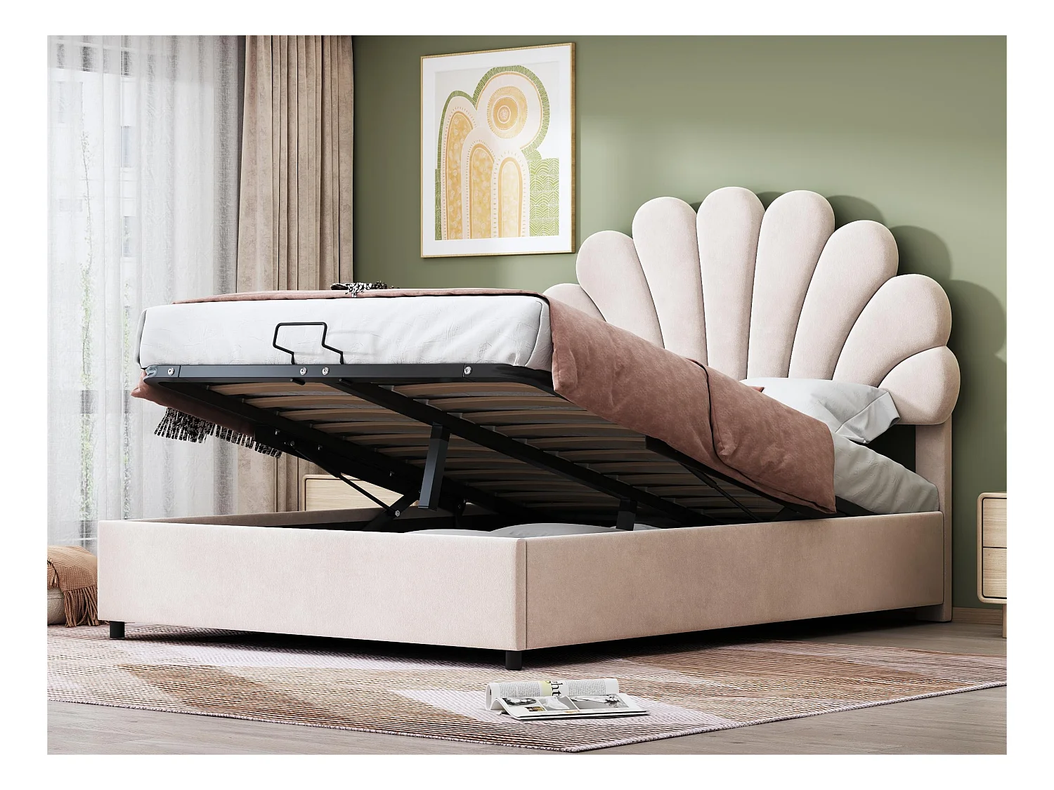 Mit Samt gepolstertes Stauraumbett – 140 x 200 cm – blumenförmiges Kopfteil – mit Lattenrost – Beige