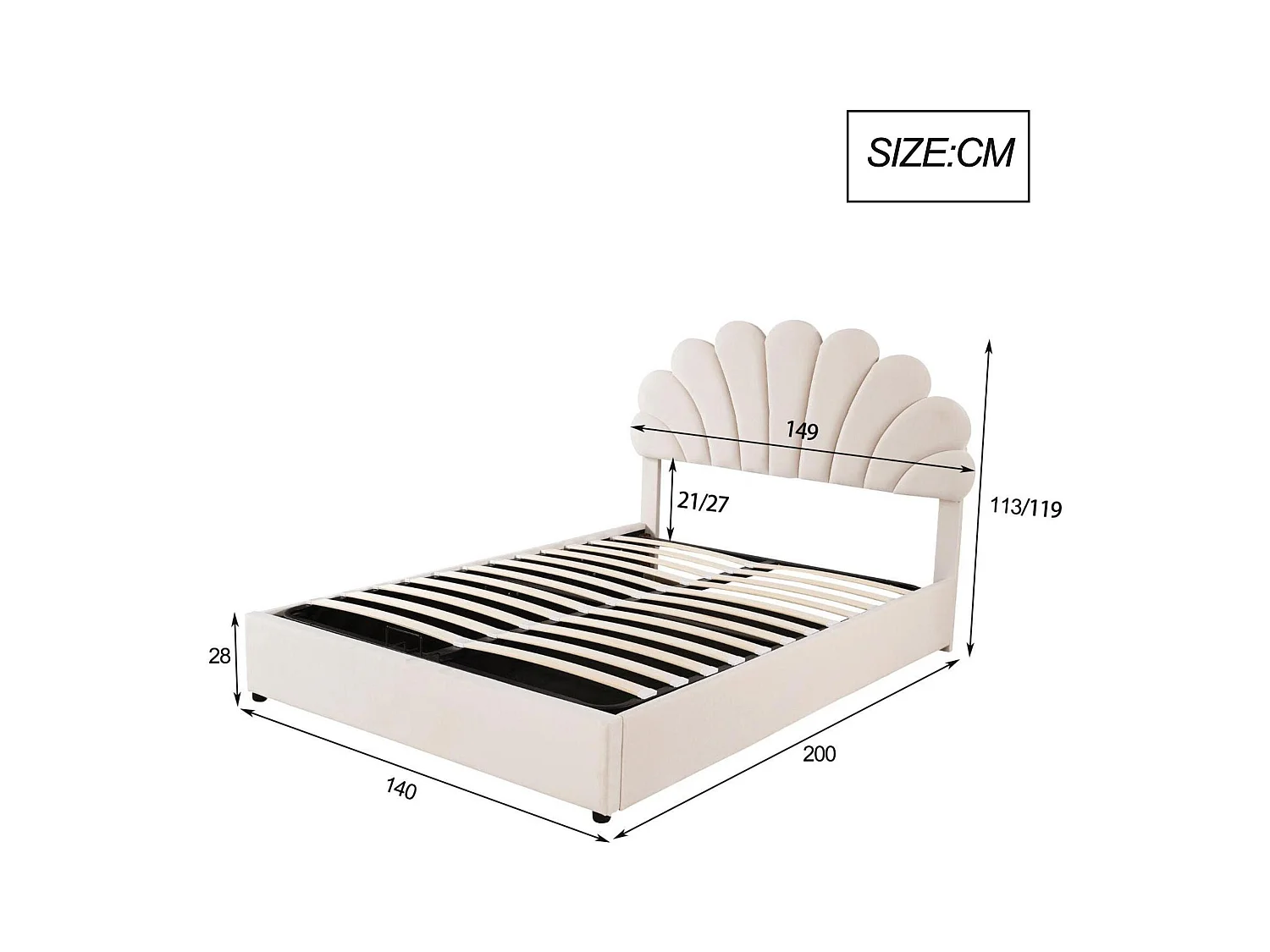 Mit Samt gepolstertes Stauraumbett – 140 x 200 cm – blumenförmiges Kopfteil – mit Lattenrost – Beige